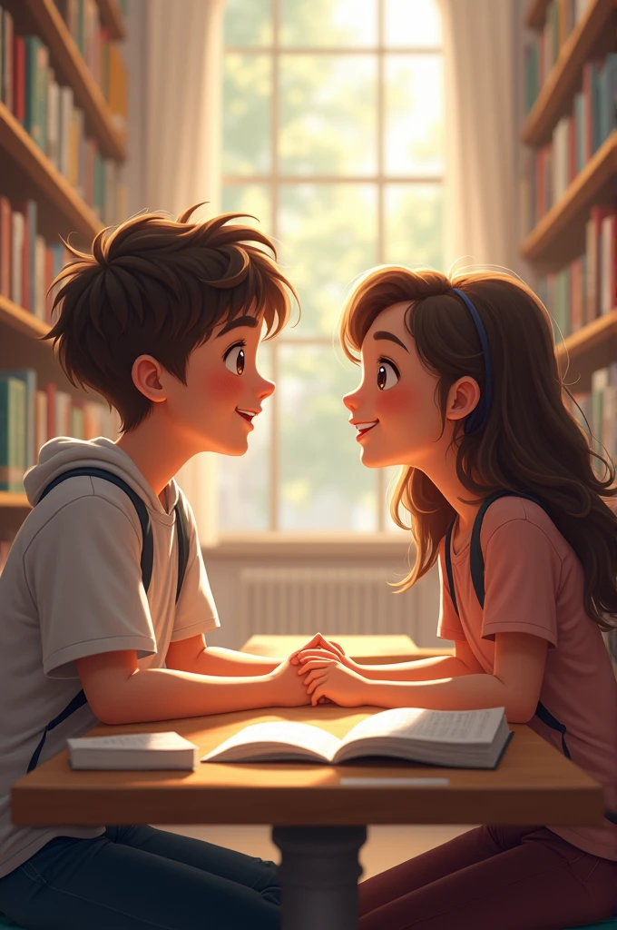 Create a boy and girl looking at eachother with smile. Seating in college library. Girl wears purple tshirt. Boy wears white tshirt. Create realistic surrounding.
