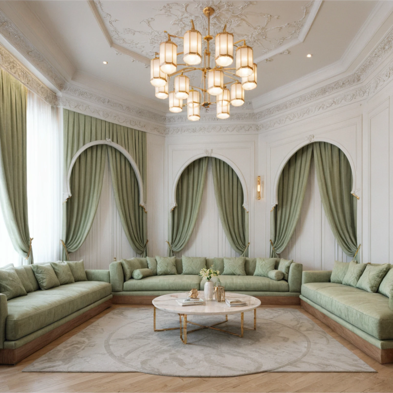 Neoclassical livingroom interior, white tone, wooden floor, gray carpet, ceiling light, light green sofa and flower, picture, white curtain on the left, (picture:1.1), marble wall, many moldings, wall lamp,window, natural light