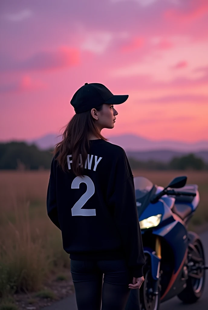 high quality photography ((masterpiece))
A 1 woman is standing in the countryside watching the sunset and has a sports bike next to her., purple color...
The girl is with her back turned, On her back she has the name Fany and the number 2 below on her black sweater, and has a black cap