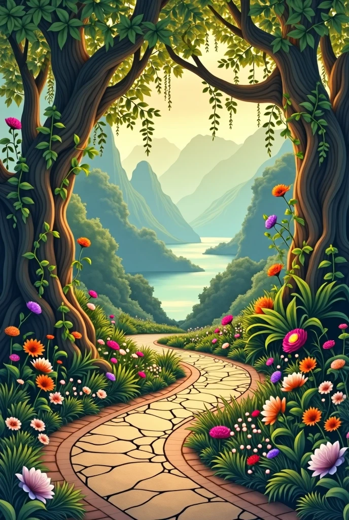 A path with a whimsical ambiance in the style of art nouveau with a view.