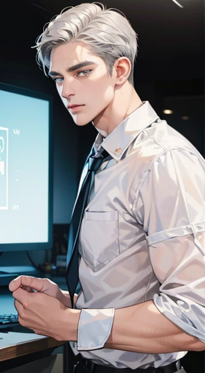 (best quality, masterpiece, 8K, photorealistic, cinematic lighting, hdr image, ultra detailed, beautiful image), 1 man, 3, mature man, very handsome, (without expression, serious), short white hair, blue grey eyes ( penetrating gaze), perfect face without errors, imposing posture, without errors, businessman, office background