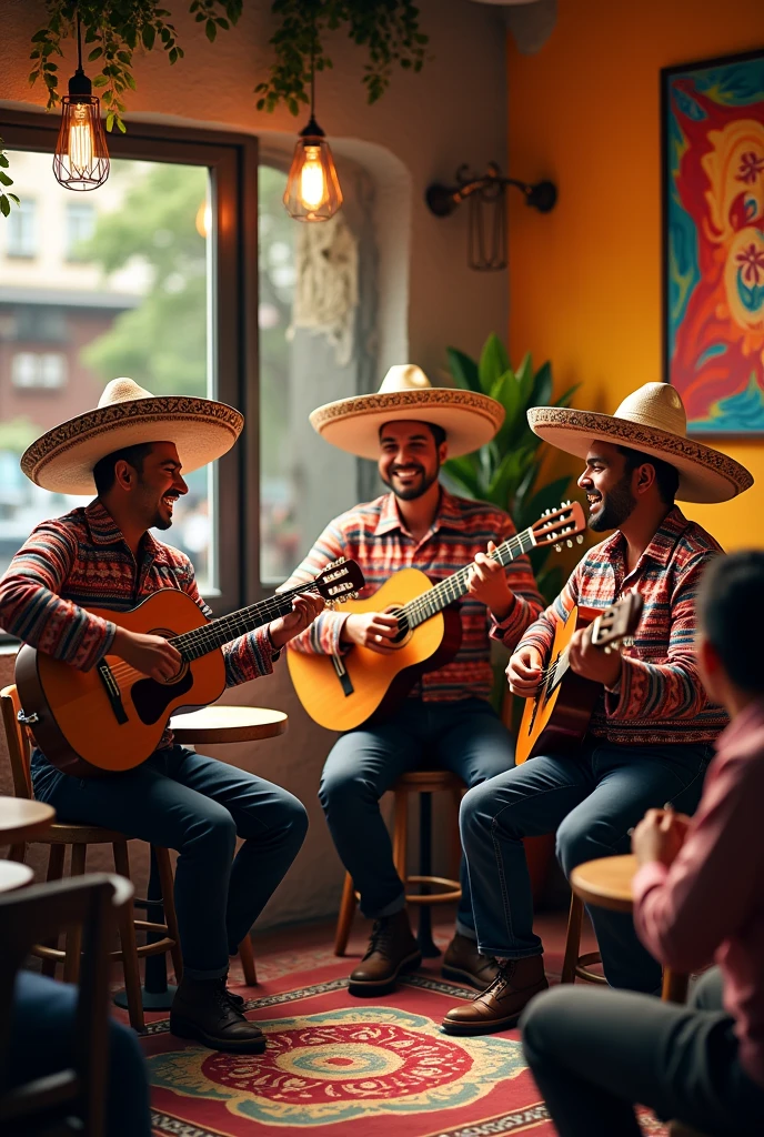 3 mexican man singing in the cafe