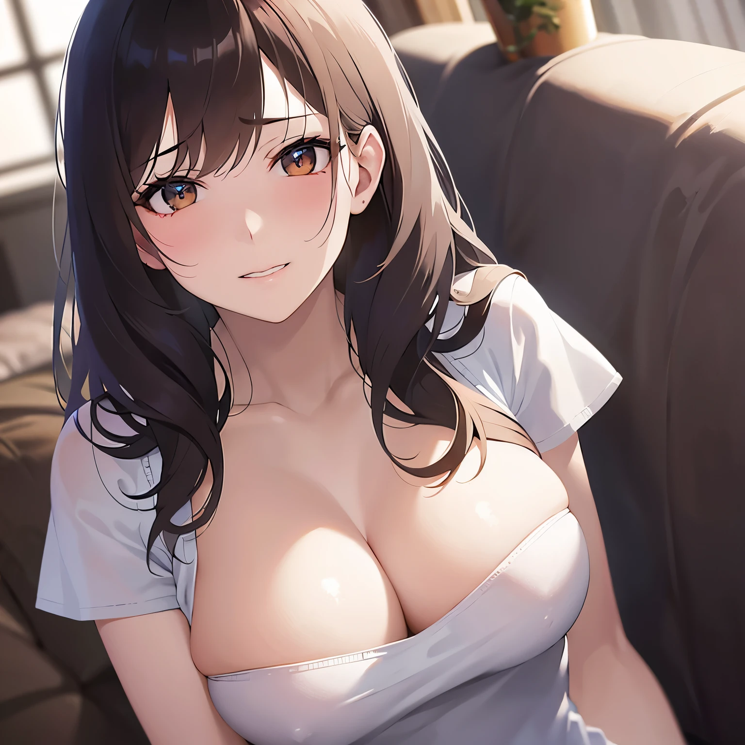 sexly, cinematic angle, looking up, Upper Body, Realistic, real person, (pale skin: 1.2), RAW photo, photorealistic, shiny skin, shiny hair、(A 2 woman with medium-length hair and bangs) and (wavy hair) and (brown hair) and (orange eyes) , White T-shirt 、Cleavage、Sad smile, (embarrassed:1.3), Sofa in the background、Alone、