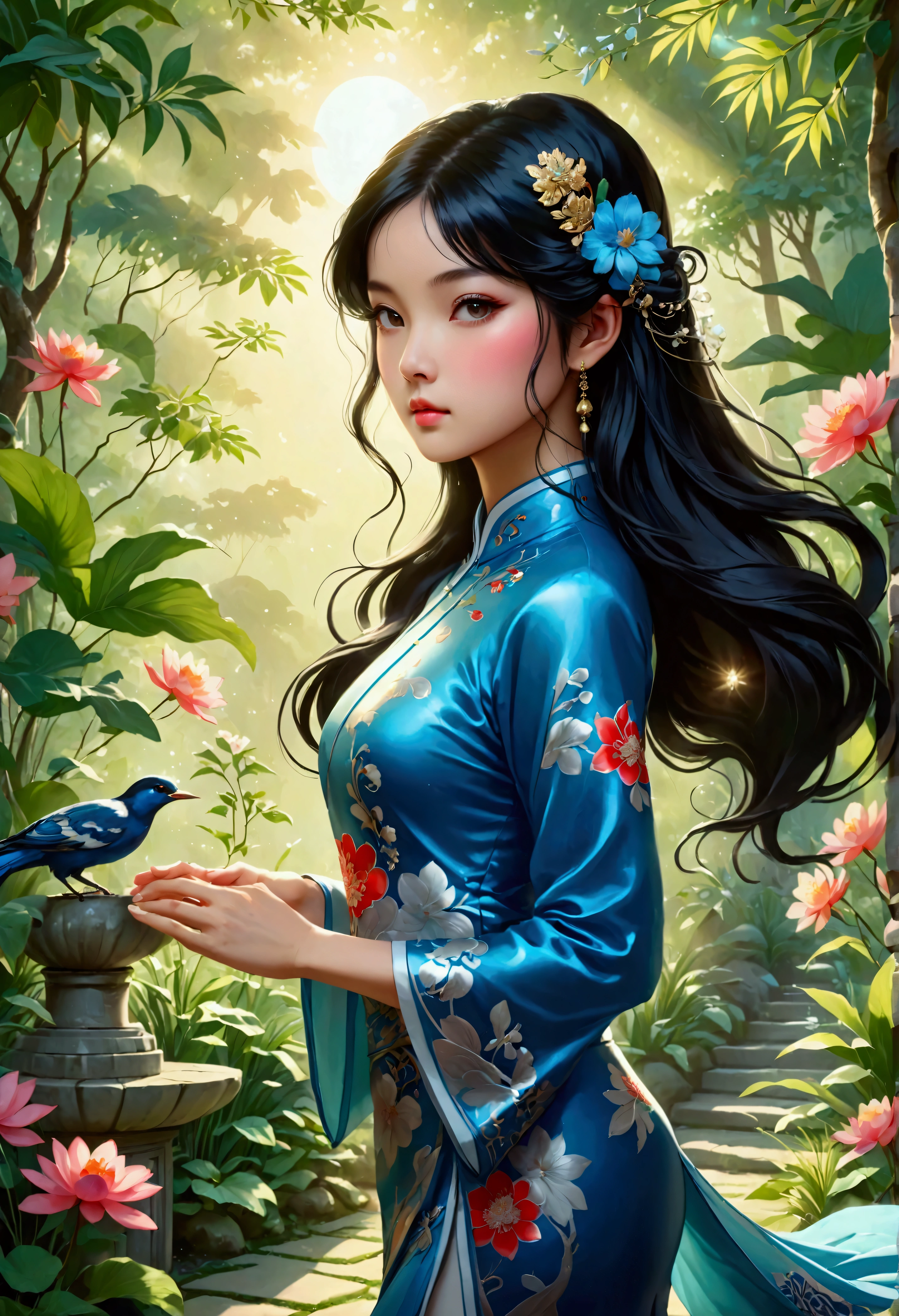 1 girl, cheongsam, cheongsam, A woman wearing a beautiful blue cheongsam, long black hair, chic, graceful pose, detailed facial features, shining skin, ornate jewelry, Outdoor garden environment, sunlight filtered through the trees, lush vegetation, intricate floral patterns, cinematic lighting, highy detailed, 8k, work of art, best qualityer, very aesthetic, absurderes