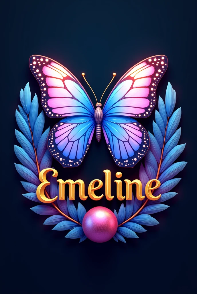 Une illustration 3D vibrante représentant un papillon magnifiquement détaillé aux ailes bleues et roses, positionné au-dessus du nom Émeline dans un élégant lettrage doré. Le motif est agrémenté de trois sphères colorées et encadré de plumes luxuriantes et colorées dans des tons de bleu et de rose, sur un fond sombre.