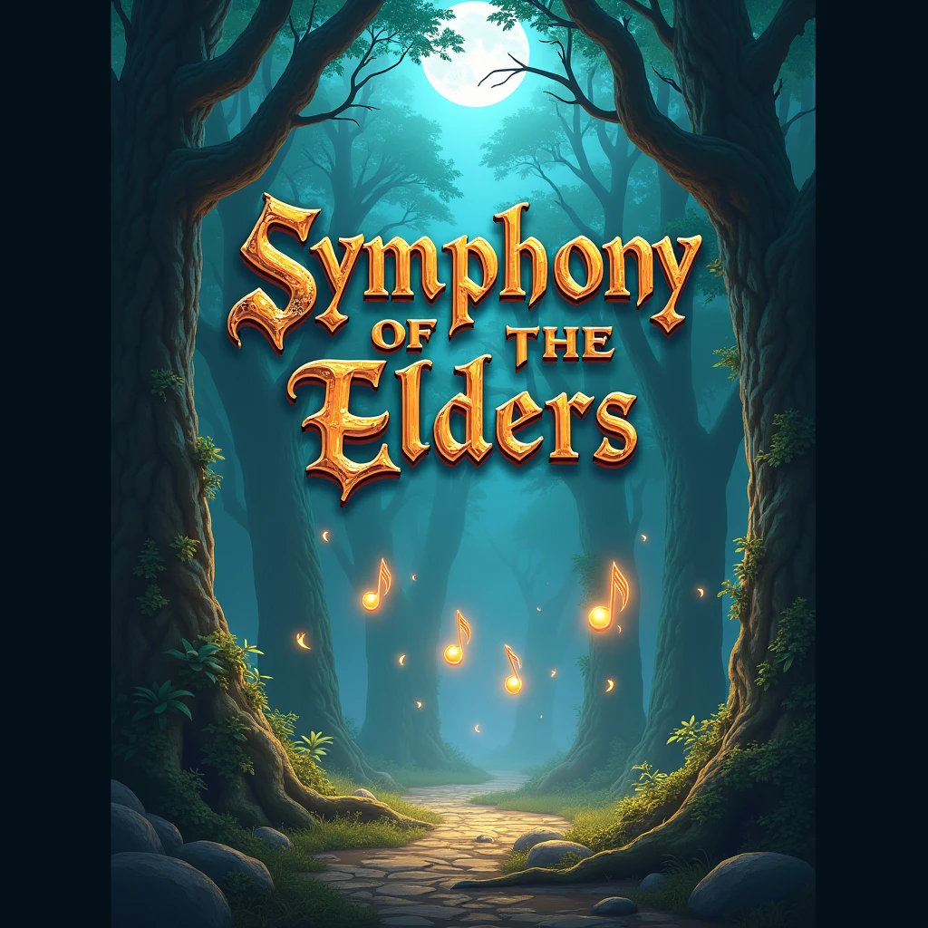 A fantasy concert poster with the text "Symphony of the Elders" in a mystical font. The background is an ancient, enchanted forest with magical instruments floating in mid-air, glowing softly under a moonlit sky.