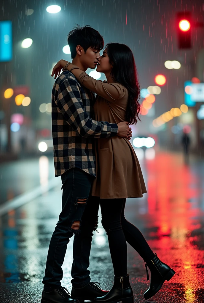 A striking and highly detailed image of a young Korean couple. The man carries the woman with both hands and the woman hugs the man romantically on the side of a busy night street. ( romantic lift hug ) full body photo. They see the viewer. The men wear flannel shirts, ripped black jeans with casual shoes, while the women wear stylish tunics and fitted black pants with no shoes. The city lights and traffic lights illuminated the surroundings, emitting a warm and inviting glow. Dramatic scene. Dramatic light. Rainy conditions. The couple's expressions convey deep connection and passion, as they share intimate moments in a dynamic urban setting. 