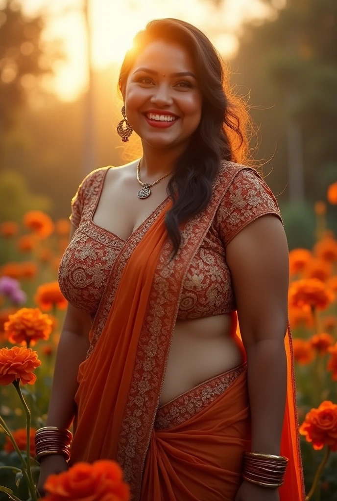 a very short and chubby curvy smiling Indian girl with huge saggy mature breasts wearing trendy gorgeous intricate traditional saree and embroidered lacey blouse without bra at a flower garden during golden hour, warm backlit dreamlike atmosphere, soft cinematic focus, anamorphic lens flares, masterpiece, by Zack Snyder,