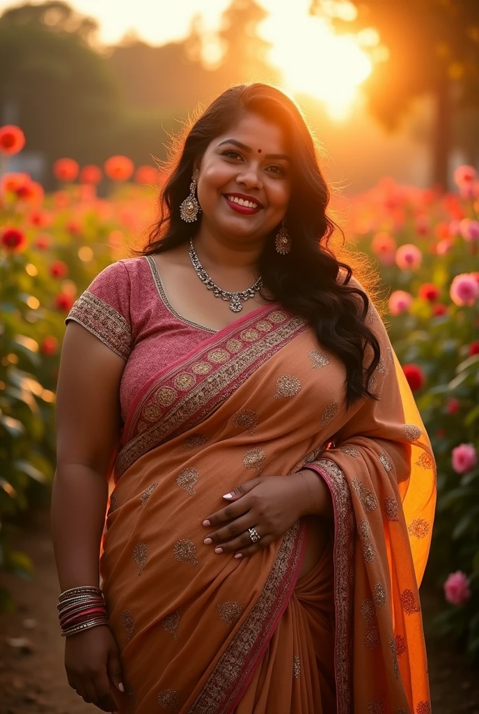 a very short and chubby curvy smiling Indian girl with huge saggy mature breasts wearing trendy gorgeous intricate traditional saree and embroidered lacey blouse without bra at a flower garden during golden hour, warm backlit dreamlike atmosphere, soft cinematic focus, anamorphic lens flares, masterpiece, by Zack Snyder,