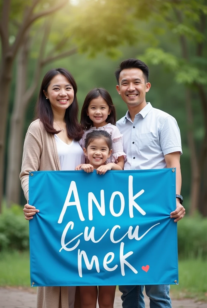 The family photoshoot holding the banner Anok Cucu Tok Mek Bonding Time with blue cloth