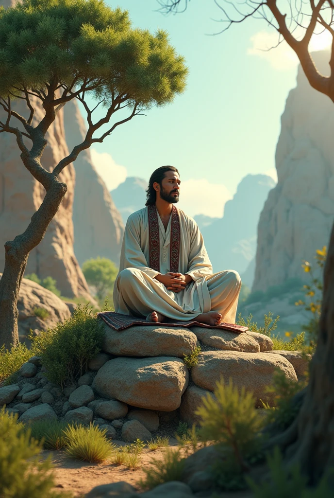A handsome dervish is meditating on the top of a hill, the scene will be Arabian, surrounded by many trees and rocks.