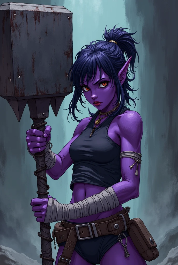 A young purple-skinned tiefling wearing some bandages on her hands, carrying a huge war hammer. Made with thick anime lines