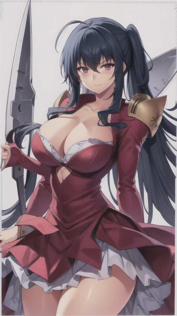 masterpiece,best quality,kim_kwang_hyun, 1girl, Taihou, taihoudefault, solo, long straight hair, huge breasts, looking at viewer, blue eyes, black hair, bangs, large huge breasts, long sleeves, dress, cleavage, closed mouth, weapon, puffy sleeves, arm up, clothing cutout, copyright name, red dress, cleavage cutout, juliet sleeves , power armor, shoulder armor, Long hair,pink eyes, smirk