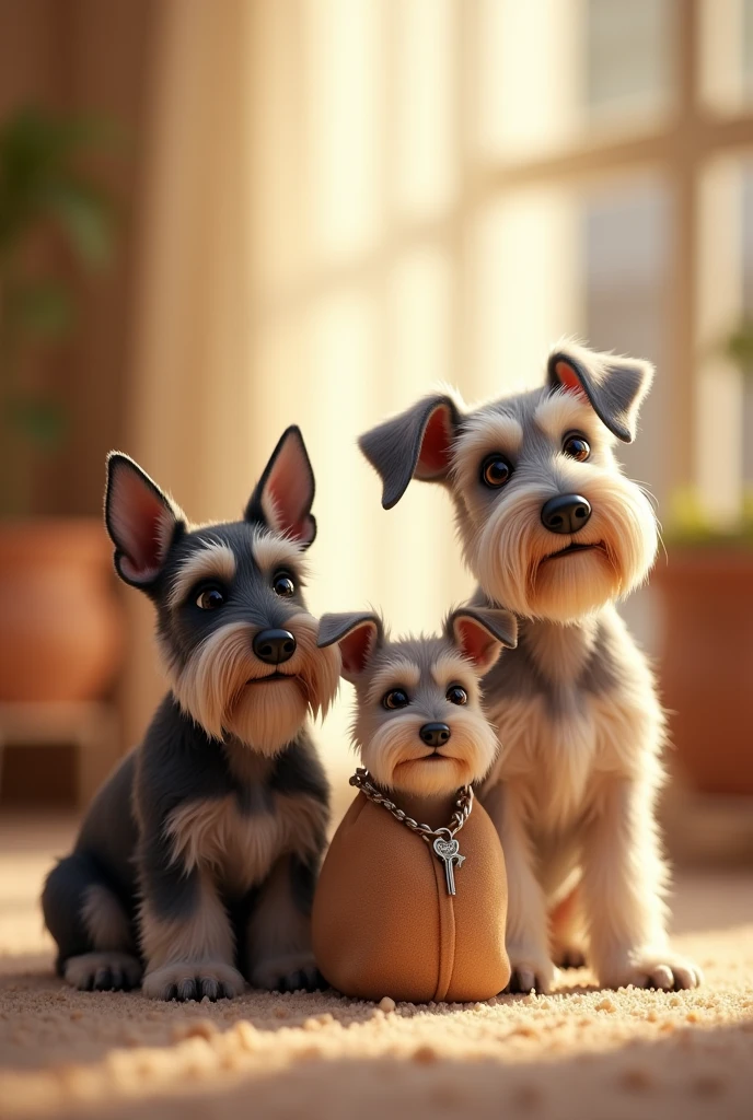 I need an image with 3 schnauzer dogs for the marketing advertising of a property rental business, the image must be tender, have the 3 complete animals, with warm colors and I will describe each animal with its characteristics, It is very important that the snauzer on the left has his ears up., stops, raised, They should not be drooping like the other two and the schnauzer on the right should be a lighter shade.  1.-Schnauzer on the left of the picture, It should be of medium size with raised ears., 2.-Schnauzer in the center of the image, It must be the smallest one, with semi-drooping ears and must carry the keys to an apartment in his bag 3.-Schnauzer on the right of the image, must be the tallest of the 3 animals, and must have its ears half-drooped, Additionally, it is lighter in color than the others., not too much, just a little 