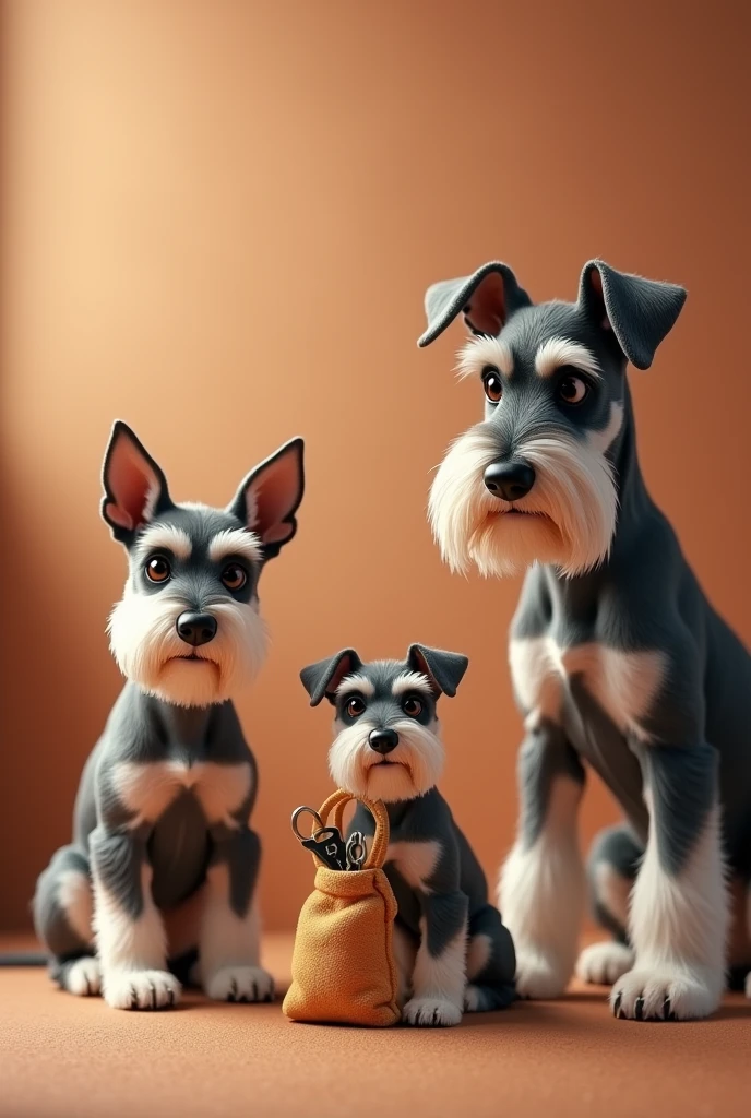 I need an image with 3 schnauzer dogs for the marketing advertising of a property rental business, the image must be tender, have the 3 complete animals, with warm colors and I will describe each animal with its characteristics, It is very important that the snauzer on the left has his ears up., stops, raised, They should not be drooping like the other two and the schnauzer on the right should be a lighter shade. 1.-Schnauzer on the left of the picture, It should be of medium size with raised ears., 2.-Schnauzer in the center of the image, It must be the smallest one, with semi-drooping ears and must carry the keys to an apartment in his bag 3.-Schnauzer on the right of the image, must be the tallest of the 3 animals, and must have its ears half-drooped, Additionally, it is lighter in color than the others., not too much, just a little