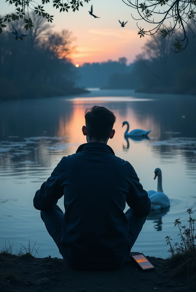 A guy sitting near the river in the evening back side looking sad, and the river water is moving and birds are returning to their home, two swam are swimming. His mobile is placed side to him in the mobile screen one music is playing. And a little darkness is there