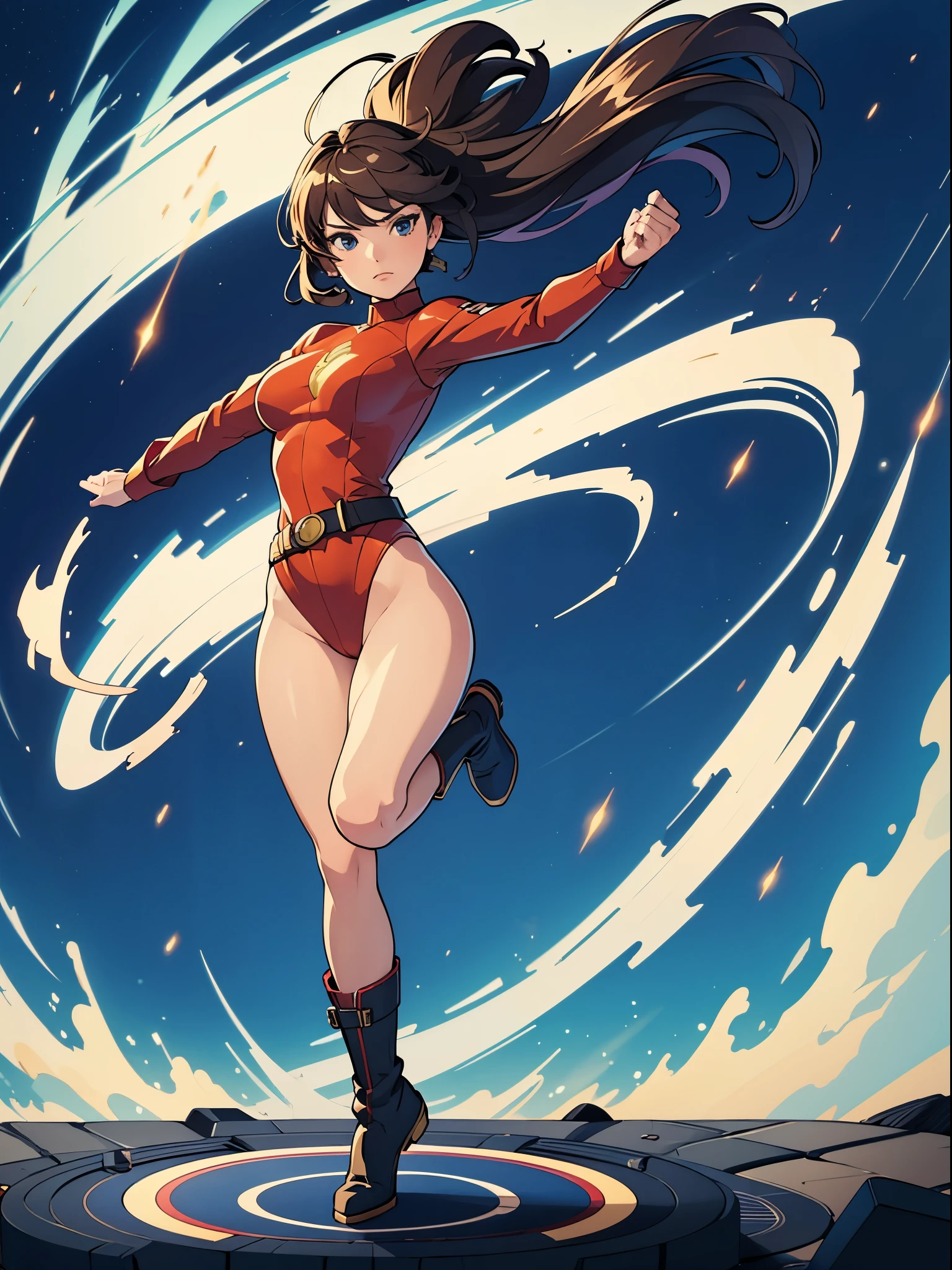 masterpiece, best quality, 1girl, solo, single, mature lady, superhero, leotard, bare legs, boots, belt, standing, standing on two legs, straight, spinning, tornado spin, wind swirl, spinning like a tornado