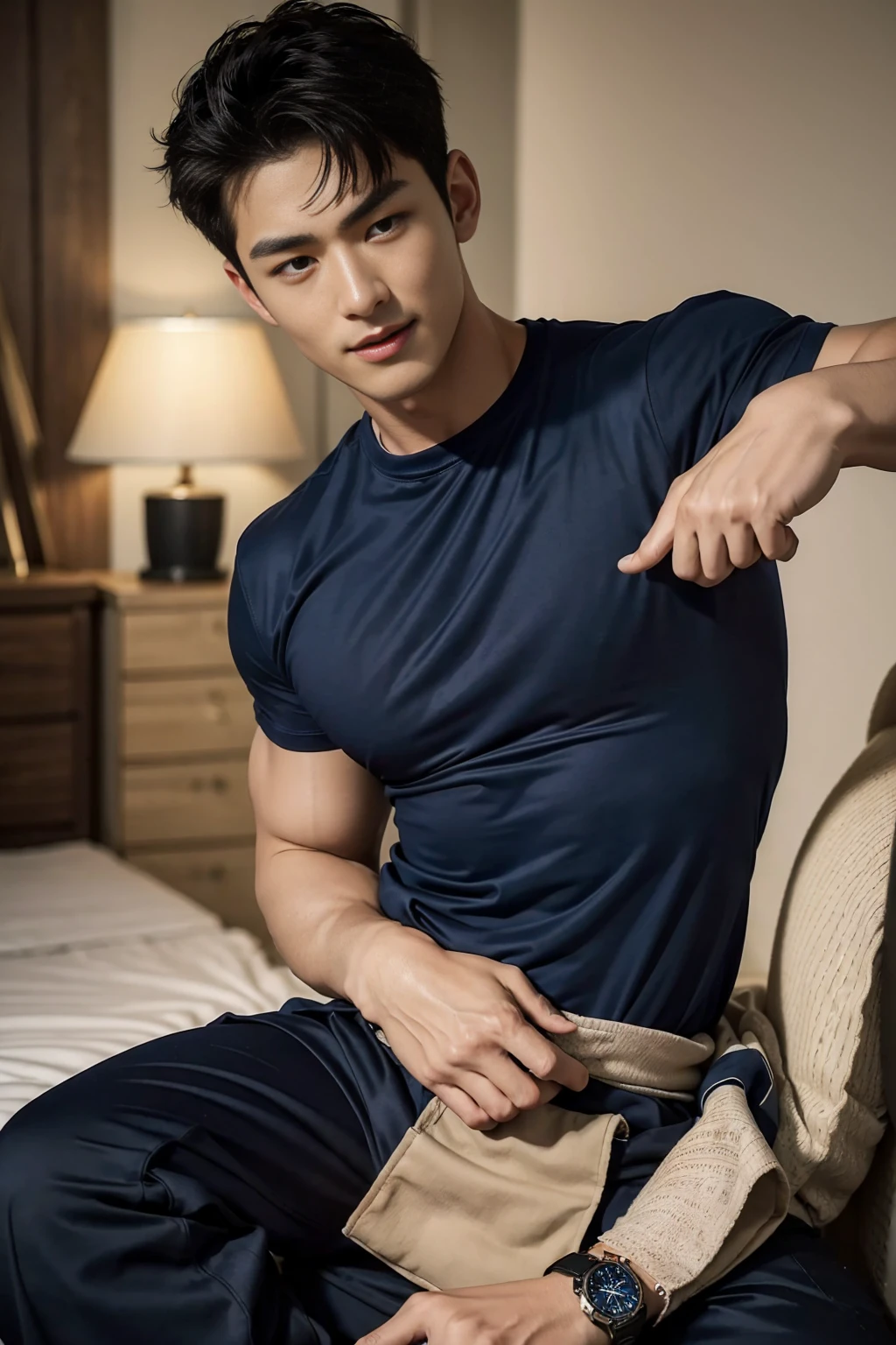 (Create a masterpiece: 1.2),(CGI art:1.3),(realistic:1.5),(After processing:1.3), (Sharp focus:1.3), 1 man, open mouth, smile, (Navy blue round neck t-shirt:1.3), Navy cargo pants, Korean guy , korean men, (High gloss details), chest muscles, large arm muscles, blood vessel, Big muscles, Broad shoulders, looking at the audience, Balancing the eyes, bedroom, Close your eyes.,(open mouth:1.1),A sexy and charming watch,Color-narrowed