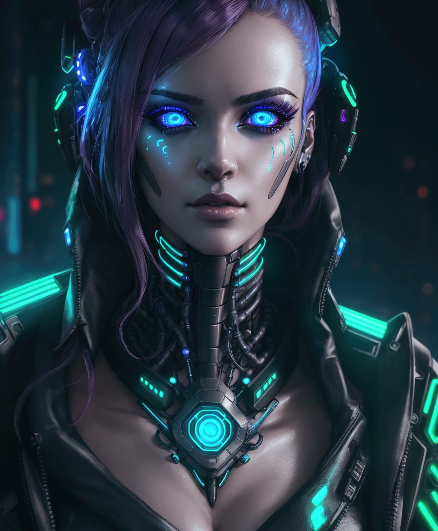 A cyberpunk woman with beautiful detailed eyes, beautiful detailed lips, extremely detailed face, long eyelashes, dynamic pose, neon lights, glowing cyber implants, futuristic cyberpunk city, moody lighting, cinematic atmosphere, 8k, high quality, photorealistic, intricate details