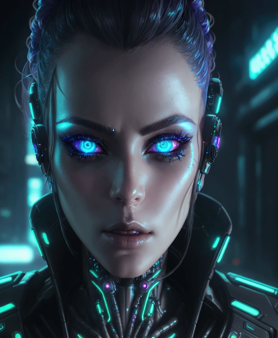 A cyberpunk woman with beautiful detailed eyes, beautiful detailed lips, extremely detailed face, long eyelashes, dynamic pose, neon lights, glowing cyber implants, futuristic cyberpunk city, moody lighting, cinematic atmosphere, 8k, high quality, photorealistic, intricate details