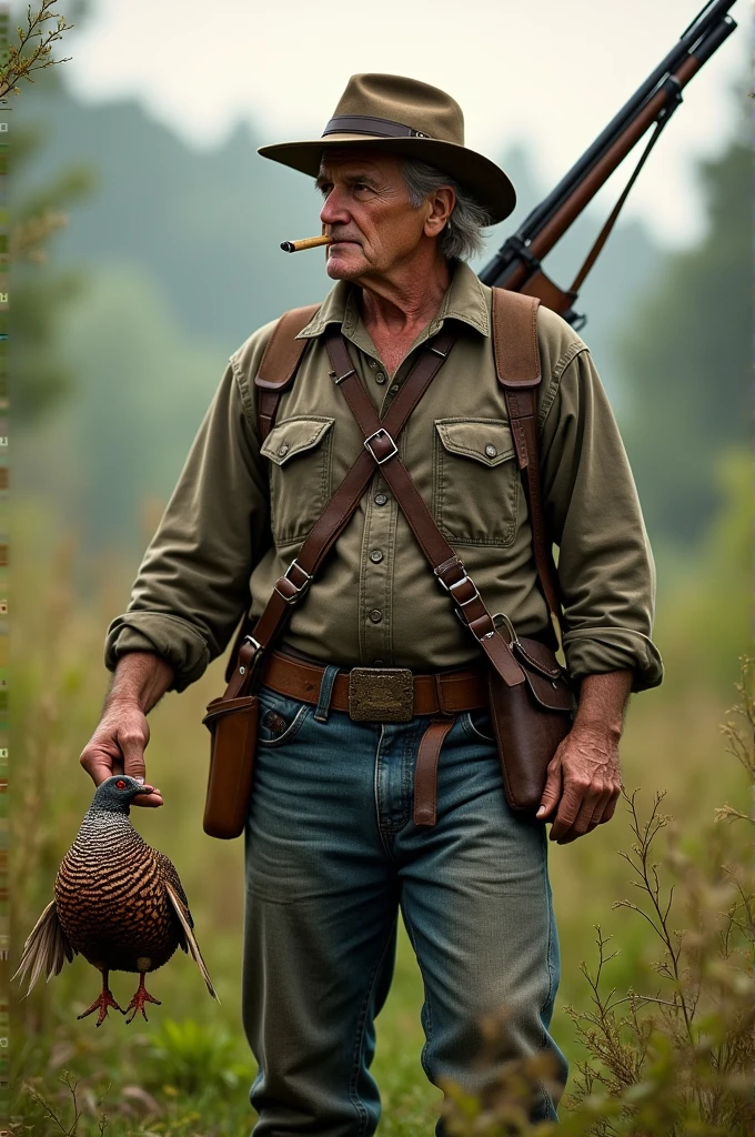 Picture of a hunter carrying a shotgun, holding a pheasant in his right hand, wearing jeans, a cap, and smoking a cigarette.