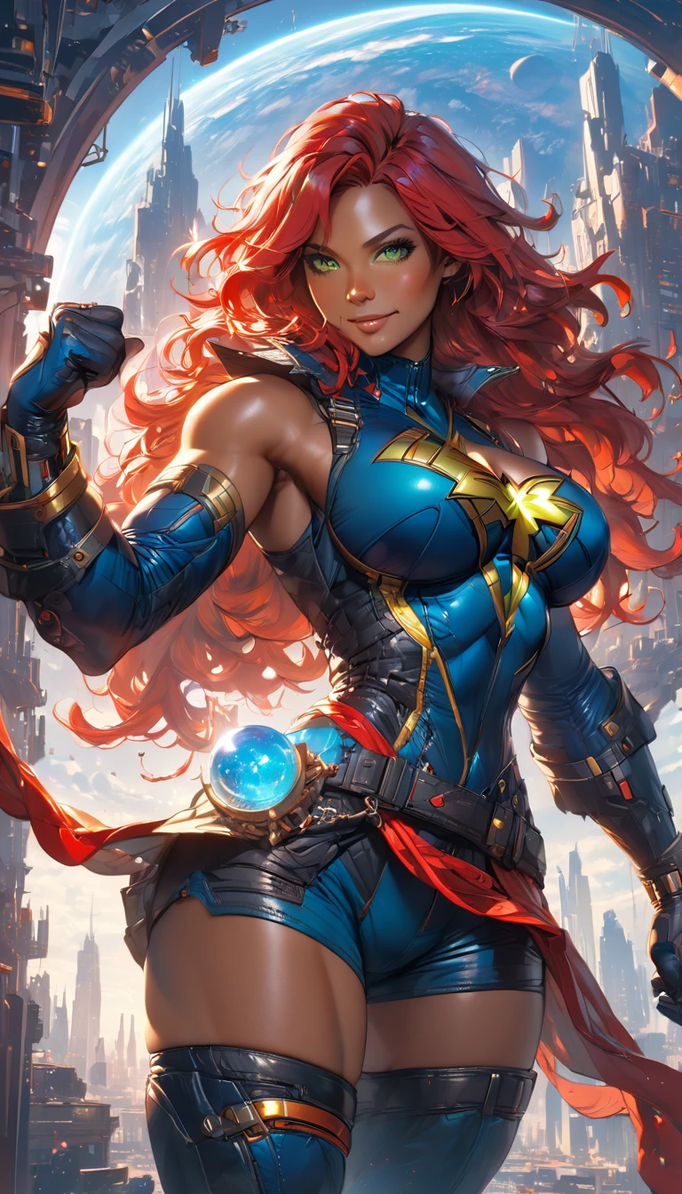 best quality,4k,8k,highres,masterpiece:1.2),ultra-detailed, extremely detailed eyes, extremely detailed body, (large masterpiece digital art), (detailed manga illustration), (detailed line art), ((perfect anatomy)), (intricate details:1.3), (ultra-detailed:1.3), (illustration:1.3), (sharp focus:1.3), (natural lighting:1.05), (vivid colors:1.3), (masterpiece), (best quality:1.4), (perfect anatomy:1.4), high quality, expressive eyes, full body, detailed face, beautiful face, perfect face, 1 girl, breasts, cleavage, gloves, large breasts, cyberpunk clothes, jacket, black jacket, very long hair, thigh length hair, ({dark skin}), dark-skinned female ,detailed ((red hair)), messy hair, green eyes, hourglass physique, bodysuit, ultramarine bodysuit, sleeveless, shorts, thick thighs, toned, captain marvel emblem, emblem, superhero, dynamic lighting, cinematic lighting, dynamic heroic pose, smiling, outer space background, curvy, Atey Ghailan, Jeremy Mann, Greg Manchess, Antonio Moro, trend in ArtStation, trend in CGSociety, Intricate, High Detail, Sharp focus, dramatic and photorealistic painting art by Midjourney and Greg Rutkowski, Jeff Bridges, ((cartoon style)), Marvel Cinematic Universe style