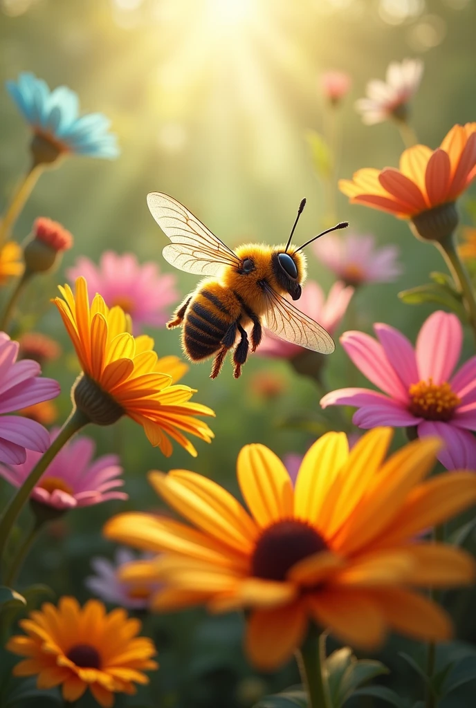 In a garden full of blooms,
Lives a bee with shiny wings,