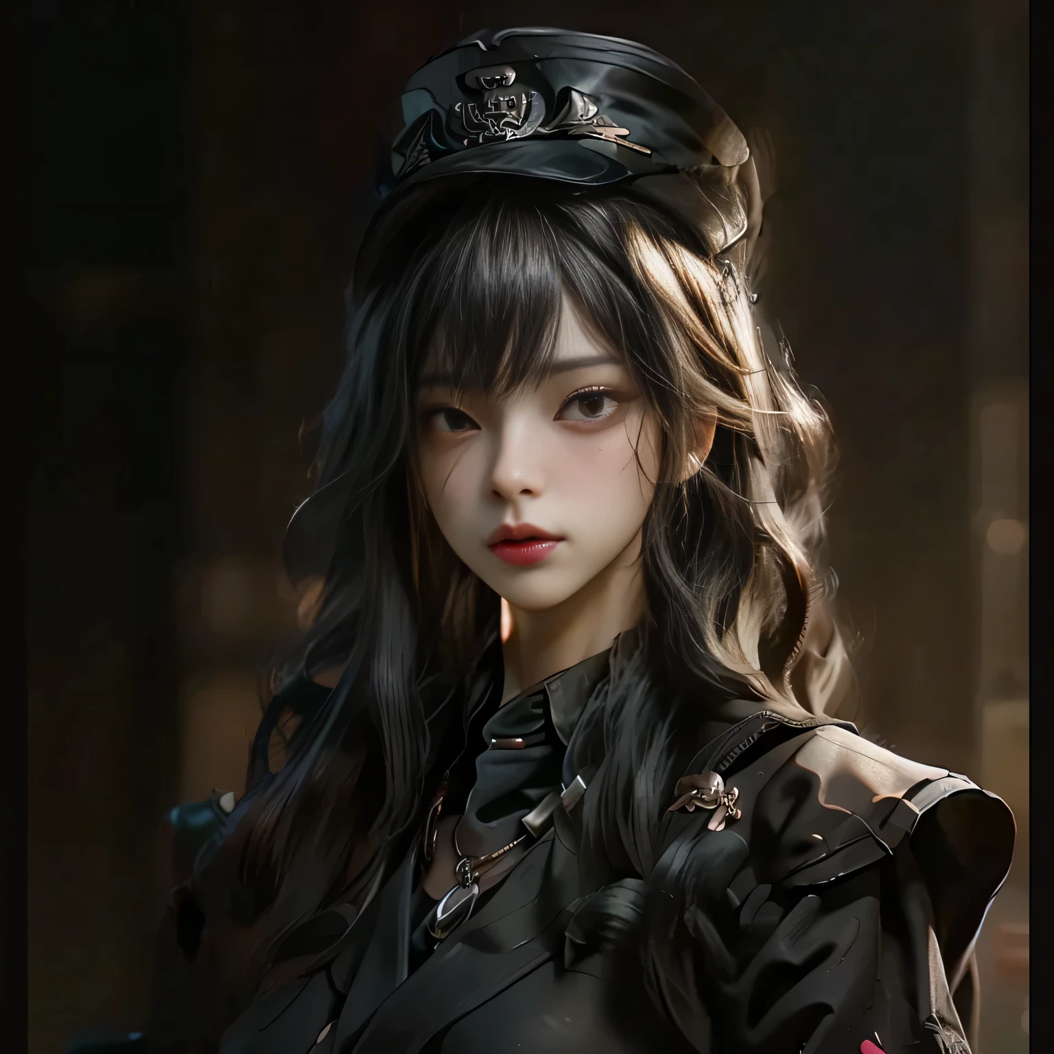 ((best quality)), ((Masterpiece)), (details:1.4), 3d, Image of a beautiful cyberpunk woman., HDR (high dynamic range), mature woman, เหมือนจริง Curtain Bangs, Red hair, Red eyes, future police, PBR surface, After processing, Anisotropic filtration,depth of field, Maximum clarity and clarity, multi-layered surface, perfect proportions, 8K raw files, cyberpunk, at night, ผมหลายชั้น,  กระโปรงสั้น, natural lighting, soft lighting, sunlight, หน้าอกใหญ่, a woman wearing a black gothic style military uniform, black military hat with gold details, iron cross symbol on the military hat, 