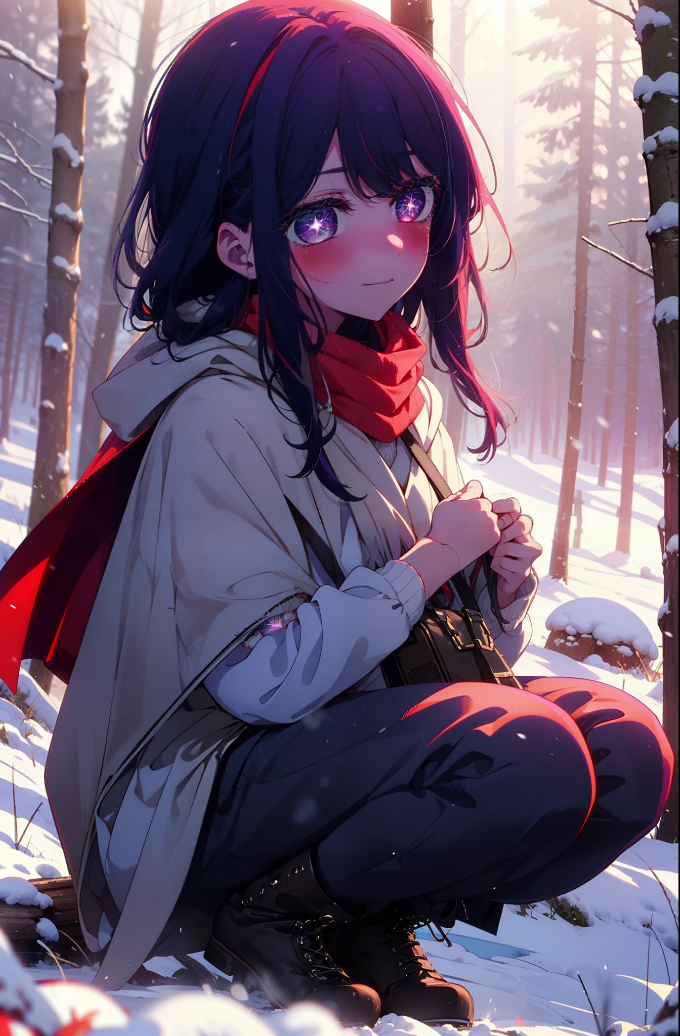 aihoshino, Ai Hoshino, Long Hair, bangs, (Purple eyes:1.1), Purple Hair, (Symbol-shaped pupil:1.5), smile,,smile,blush,white breath,
Open your mouth,snow,Ground bonfire, Outdoor, boots, snowing, From the side, wood, suitcase, Cape, Blurred, , forest, White handbag, nature,  Squat, Mouth closed, Cape, winter, Written boundary depth, Black shoes, red Cape break looking at viewer, Upper Body, whole body, break Outdoor, forest, nature, break (masterpiece:1.2), Highest quality, High resolution, unity 8k wallpaper, (shape:0.8), (Beautiful and beautiful eyes:1.6), Highly detailed face, Perfect lighting, Extremely detailed CG, (Perfect hands, Perfect Anatomy),
