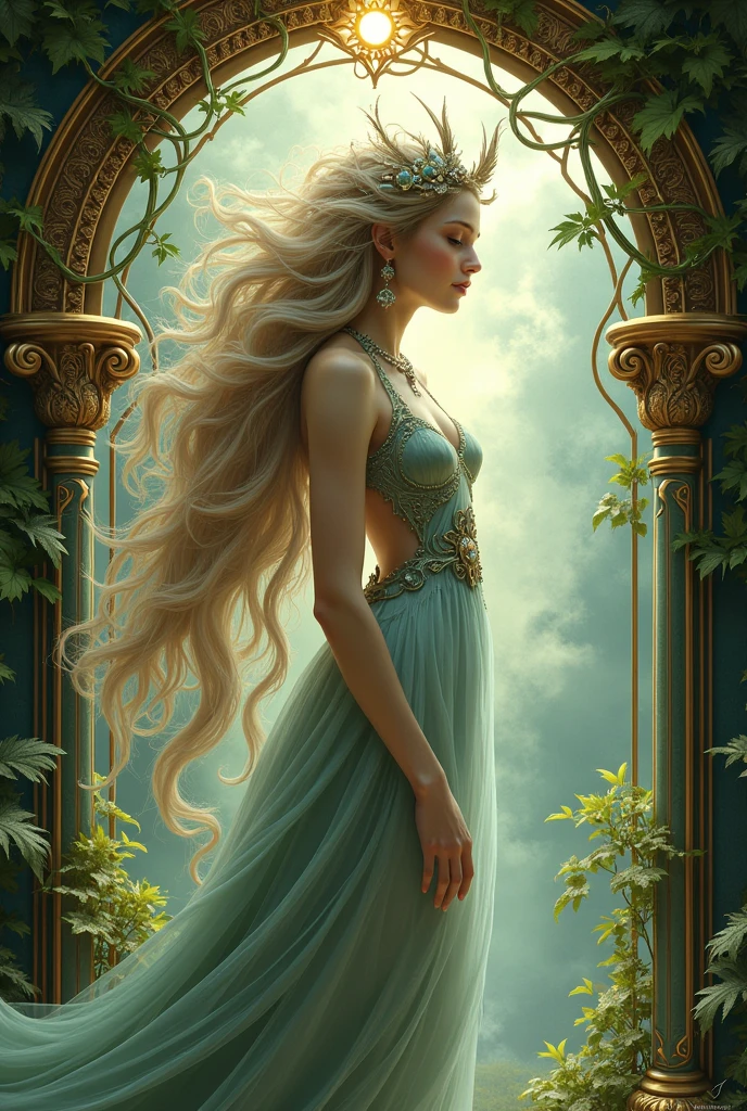 a drawing of a Beautiful female creature with a long hair, background art nouveau vines and brass arches concept art inspired by Brian Froud, tumblr, art nouveau, brian froud style, brian froud juan gimenez, style of jean baptiste monge, monge jean-baptiste monge, jean - baptiste monge, jean baptiste monge, tony diterlizzi and brian froud