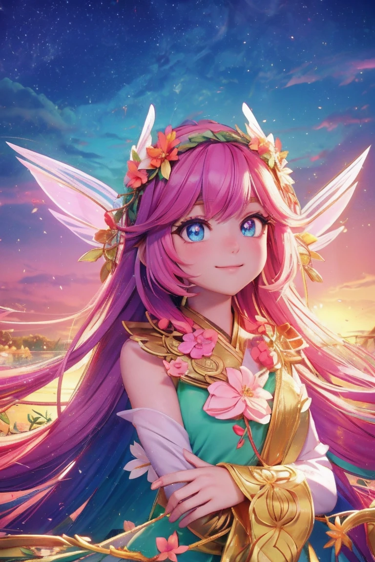 an animated character. a cute face girl, colorful eyes, pastel color, colourful bright long hair, gorgeous flower crown, gorgeous decorated, gorgeous fairy wings, haft body, mythology , Asian style, flowers vines, fantsy sky, shining star, Happy face feeling, fantasy town background, sunset mood and tone.