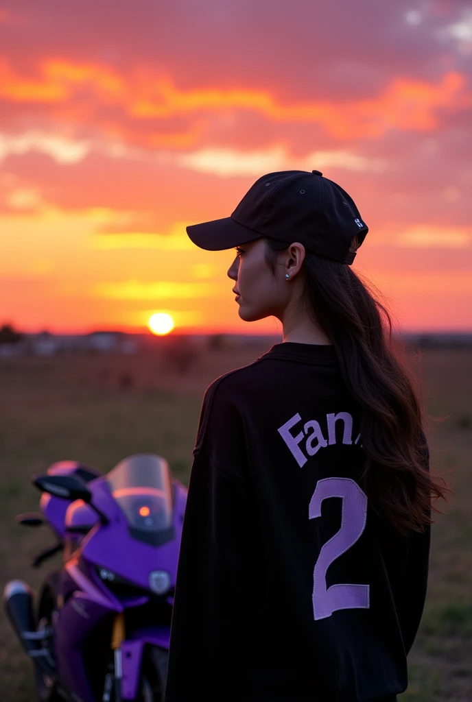 high quality photography ((masterpiece))
A 1 woman is standing in the countryside watching the sunset and next to her is a purple sports bike....
The girl is with her back turned, On her back she has the name Fany and the number 2 below on her black sweater, and has a black cap