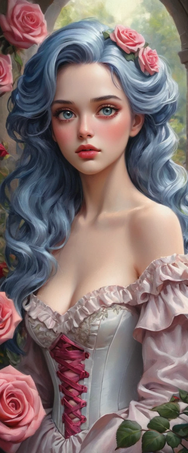This is realistic fantasy artwork set in the castle's enchanted rose garden. Generate a proud woman with a highly detailed face dressed in the billowing folds of a stunning French silk ballgown. The woman's sweet face is ((((highly detailed, with realistic features and soft, puffy lips.)))) The ballgown is embellished with ruffles, sashes, and bows and a delicately, but intricately, hand-embroidered bodice. The corset features silk ribbon. The woman's stunning eyes are beautifully blue hair pink detailed, featuring realistic shading and multiple colors and high resolution. The woman is in a garden of eternal roses, each one beautifully formed and highly detailed. These realistic roses feature shimmering shades of pink, yellow, orange, and glimmering red. The eternal rose is a deep shade of red with shimmering pink overtones and undertones. Ensure that the woman's face, hair, and eyes are perfect. realism, high fantasy, whimsical fantasy, storybook fantasy, fairytale fantasy, fantasy details, enchanting, bewitching, 8k, hires, cgi, digital painting, unity, unreal engine, (((masterpiece))), intricate, elegant, highly detailed, majestic, digital photography, art by artgerm and ruan jia and greg rutkowski, (masterpiece, finely detailed beautiful eyes: 1.2), hdr, realistic skin texture, (((1woman))), (((solo))), Include a highly detailed face, extremely detailed face, and interesting background.