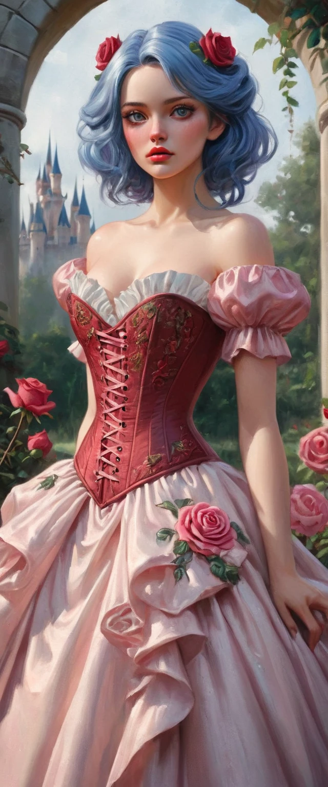 This is realistic fantasy artwork set in the castle's enchanted rose garden. Generate a proud woman with a highly detailed face dressed in the billowing folds of a stunning French silk ballgown. The woman's sweet face is ((((highly detailed, with realistic features and soft, puffy lips.)))) The ballgown is embellished with ruffles, sashes, and bows and a delicately, but intricately, hand-embroidered bodice. The corset features silk ribbon. The woman's stunning eyes are beautifully blue hair pink detailed, featuring realistic shading and multiple colors and high resolution. The woman is in a garden of eternal roses, each one beautifully formed and highly detailed. These realistic roses feature shimmering shades of pink, yellow, orange, and glimmering red. The eternal rose is a deep shade of red with shimmering pink overtones and undertones. Ensure that the woman's face, hair, and eyes are perfect. realism, high fantasy, whimsical fantasy, storybook fantasy, fairytale fantasy, fantasy details, enchanting, bewitching, 8k, hires, cgi, digital painting, unity, unreal engine, (((masterpiece))), intricate, elegant, highly detailed, majestic, digital photography, art by artgerm and ruan jia and greg rutkowski, (masterpiece, finely detailed beautiful eyes: 1.2), hdr, realistic skin texture, (((1woman))), (((solo))), Include a highly detailed face, extremely detailed face, and interesting background.