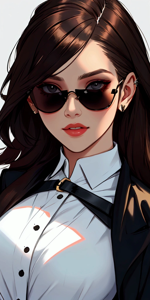 Create face of young woman with dark brown hair, to wear black sunglasses