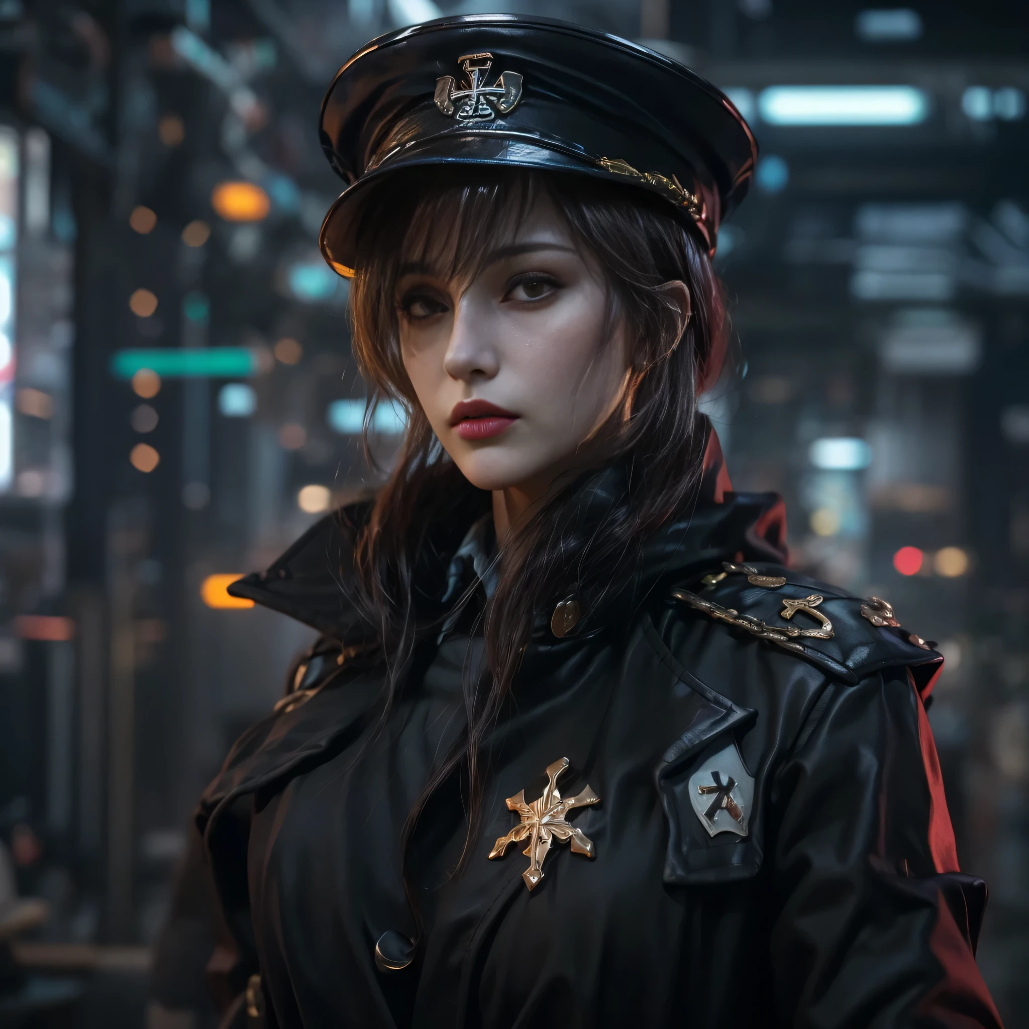 ((best quality)), ((Masterpiece)), (details:1.4), 3d, Image of a beautiful cyberpunk woman., HDR (high dynamic range), mature woman, เหมือนจริง Curtain Bangs, Red hair, Red eyes, future police, PBR surface, After processing, Anisotropic filtration,depth of field, Maximum clarity and clarity, multi-layered surface, perfect proportions, 8K raw files, cyberpunk, at night, ผมหลายชั้น, กระโปรงสั้น, natural lighting, soft lighting, sunlight, หน้าอกใหญ่, a woman wearing a black gothic style military uniform, black military hat with gold details, iron cross symbol on the military hat,
