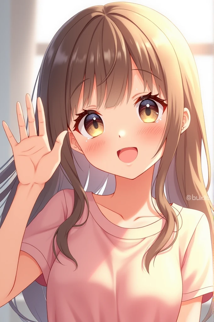 Generates an image of an anime style girl waving, with a smile and teary eyes