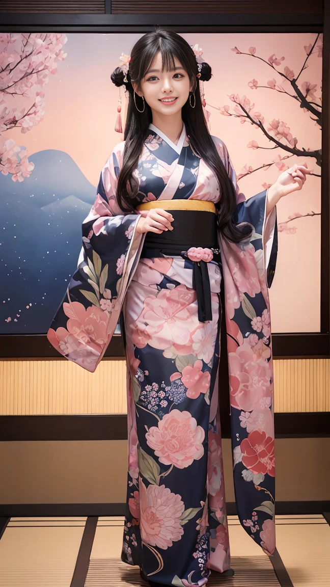 (SeaArt creates stunning illustrations of beautiful women in kimono)、Vividly colored Japanese Ukiyo-e style illustrations、A beautiful woman smiles and shows her upper white teeth、Brown-black long hair、Beautiful full body style、If you want to dance, let's dance, Tokyo Ondo, Yoi Yoi、Beautiful new digital paintings,、Bright vibrant digital anime art、 Beautiful anime portraits、background,Torii gate front of Japanese shrine、 Detailed digital anime art、