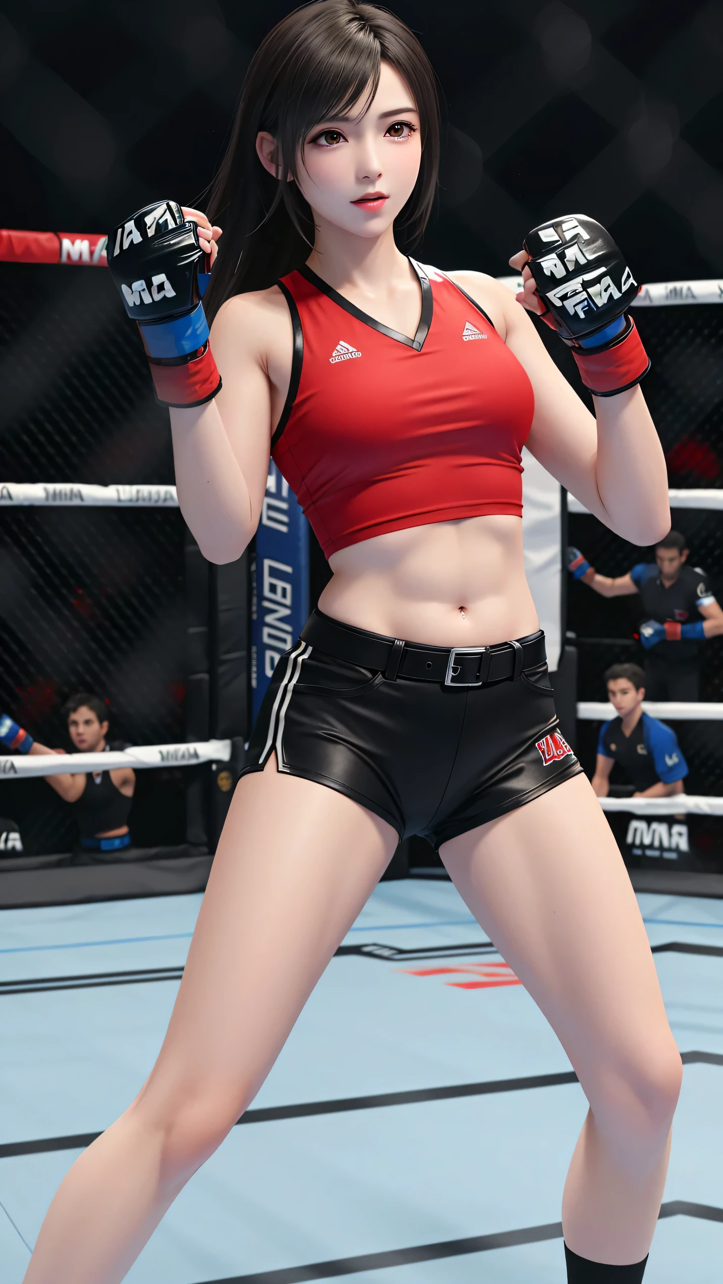 8k,masterpiece, Highest quality,big, (1 person:1.5), tifa lockhart, red_eye, Black Hair, Long Hair, Professional Lighting, (Glowing Skin: 1.2), shiny big, ((Highest quality)), Sharp focus: 1.2, Highly detailed face and skin texture, detailed eye, Perfect Face, Perfect body, CG, Big Breasts, before (Age 25, Mature, cool and beautiful face), Boxing gloves, (on MMA Arena :1.5), (wearing MMA uniform:1.5), thigh, belly button,angry,From Below,Look At View,Victor,Full body, solo,