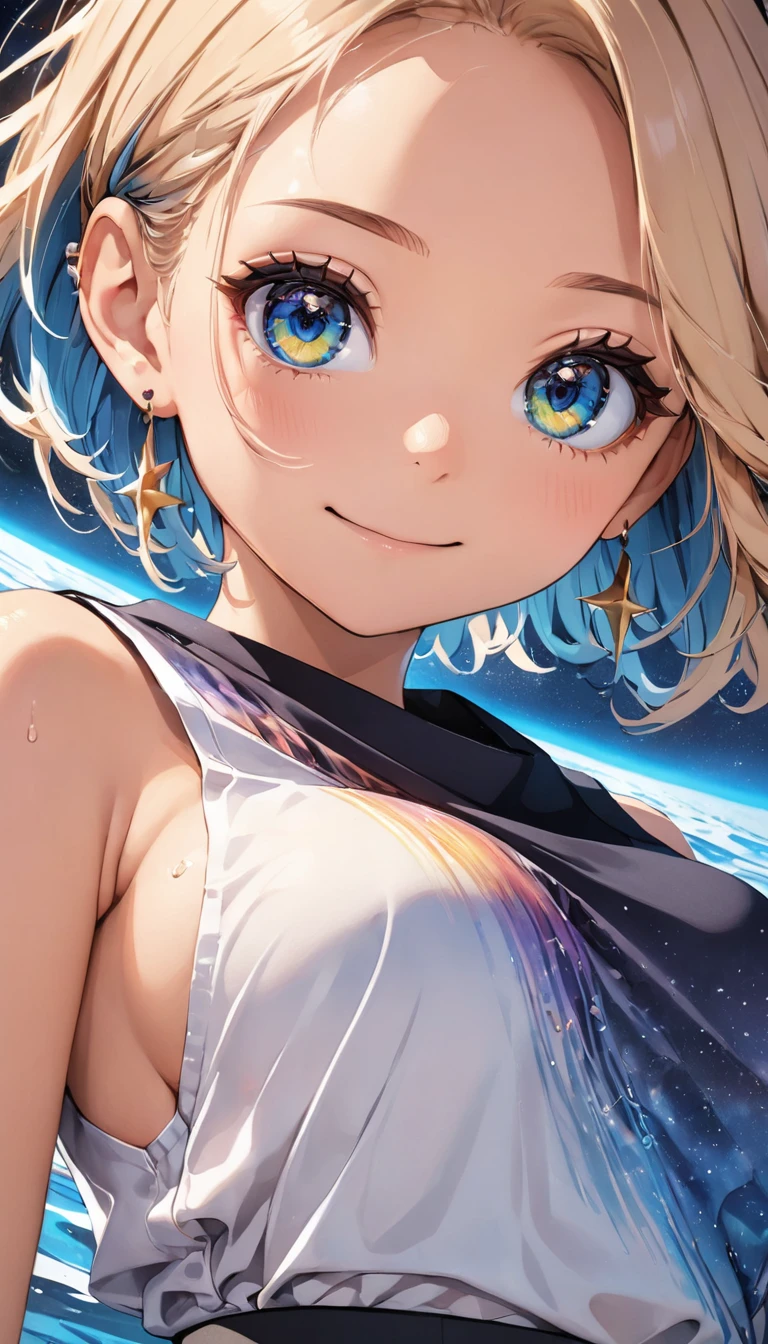 anime illustration, ((((highest quality)))), (((Ultra-precision CG 16K))), (((masterpiece))), BREAK skinny body, slender waist, medium Breasts, (((perky breasts))), ((sagging breasts)), (covered nipples), (((tanned skin, tan lines))) , BREAK (written in detail of face, smiling, blush, determined expression, sweaty , Heavy breathing, embarrassed, ) , (natural make), BREAK narrow eyes, (streaked hair, hair intakes, colored inner hair, ) BREAK (((wearing printed oversized clothing , wearing wide-leg-pants, breasts is covered by outfit, (detailed panty), Narrow aisles,))) , wearing earrings , BREAK ( stick breast out,) BREAK (( ripples , horizon , under the cosmic sky on the cosmic sea , cosmic effects, a girl blended into the background )), (((extremely closeup of eyes shot, looking at viewer, extremely detailed eyes ))), BREAK ((cinematic , from below , pinup magazine pose, dancing