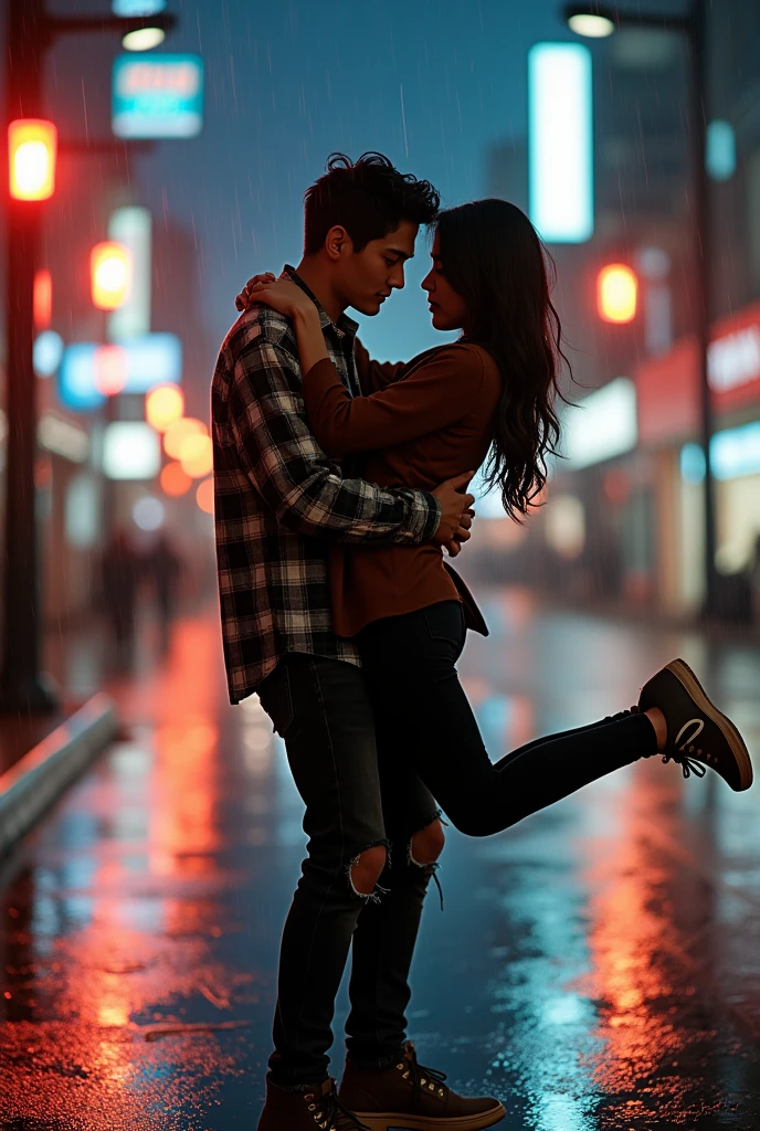 A striking and highly detailed image of a young Korean couple. The man carries the woman with both hands and the woman hugs the man romantically on the side of a busy night street. ( romantic lift hug ) full body photo. They see the viewer. The men wear flannel shirts, ripped black jeans with casual shoes, while the women wear stylish tunics and fitted black pants with no shoes. The city lights and traffic lights illuminated the surroundings, emitting a warm and inviting glow. Dramatic scene. Dramatic light. Rainy conditions. The couple's expressions convey deep connection and passion, as they share intimate moments in a dynamic urban setting. 