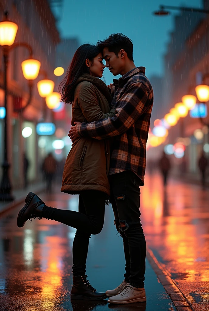 A striking and highly detailed image of a young Korean couple. The man carries the woman with both hands and the woman hugs the man romantically on the side of a busy night street. ( romantic lift hug ) full body photo. They see the viewer. The men wear flannel shirts, ripped black jeans with casual shoes, while the women wear stylish tunics and fitted black pants with no shoes. The city lights and traffic lights illuminated the surroundings, emitting a warm and inviting glow. Dramatic scene. Dramatic light. Rainy conditions. The couple's expressions convey deep connection and passion, as they share intimate moments in a dynamic urban setting. 