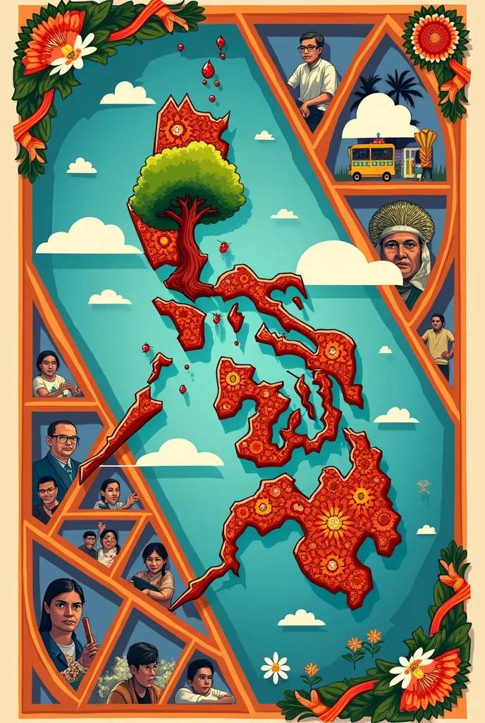 (poster, cartoon)
1. Central Image:
- A large outline of the Philippine map
- A stylized bayanihan scene
- A tree symbolizing growth and roots of the nation
2. Visual Elements:
- Include iconic Filipino symbols (jeepney, sampaguita, Philippine eagle)
- Depict historical events in small vignettes around the border
- Show diverse Filipino faces representing different regions
3. Color Scheme:
- Use colors of the Philippine flag (red, blue, yellow, white)
- Incorporate warm, vibrant colors representing Filipino culture
5. Layout:
- Divide the poster into sections like trianglesrepresenting different eras or aspects of Filipino life
6. Artistic Style:
- Incorporate traditional Filipino art styles like indigenous patterns
- Use a mix of realistic and symbolic representations