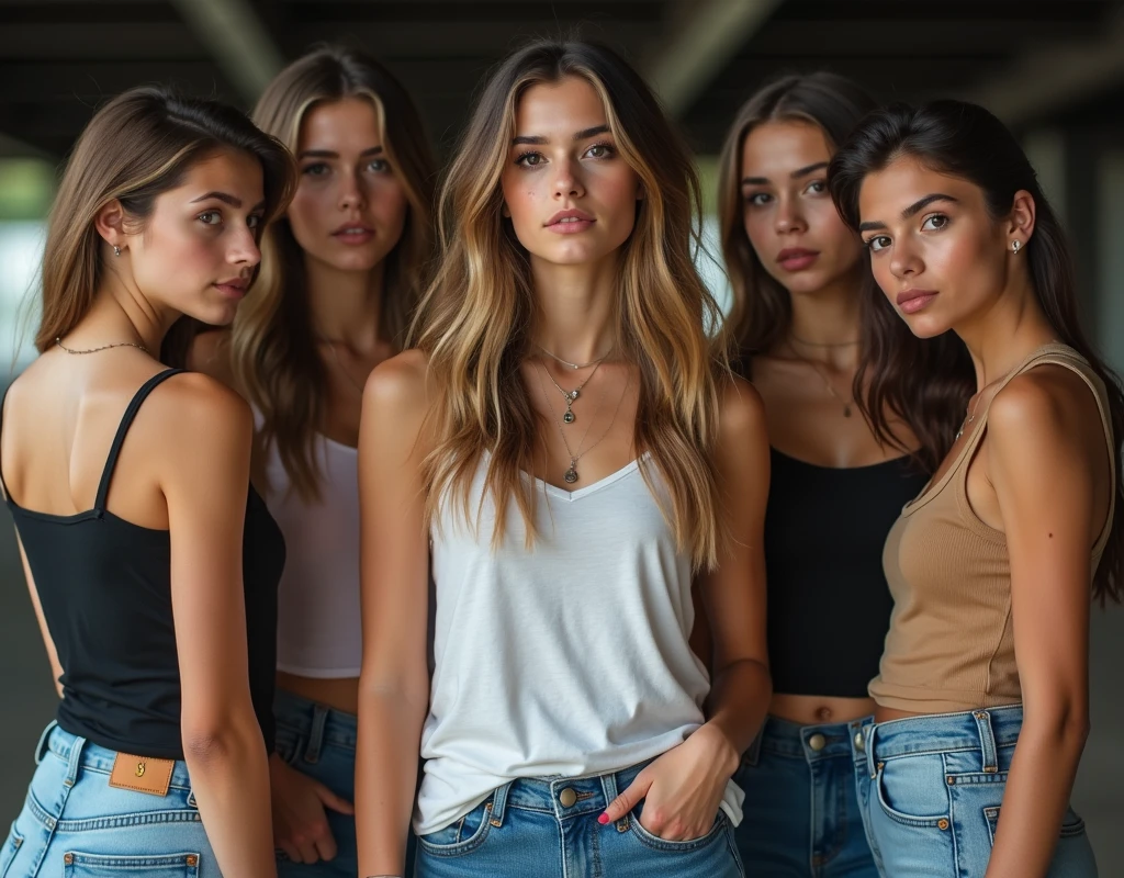 Photo of a teenage girl in skater fashion and her male and female friends. Everyone is wearing a tank top. It&#39;s a cool and stylish image.