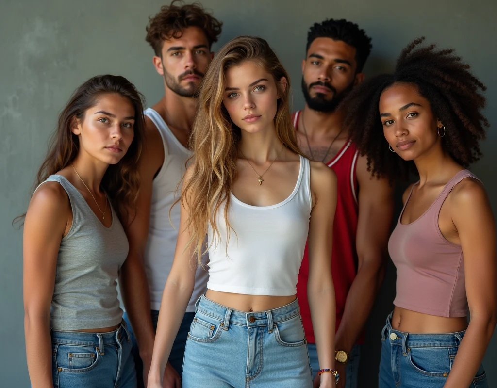 Photo of a teenage girl in skater fashion and her male and female friends. Everyone is wearing a tank top. It&#39;s a cool and stylish image.