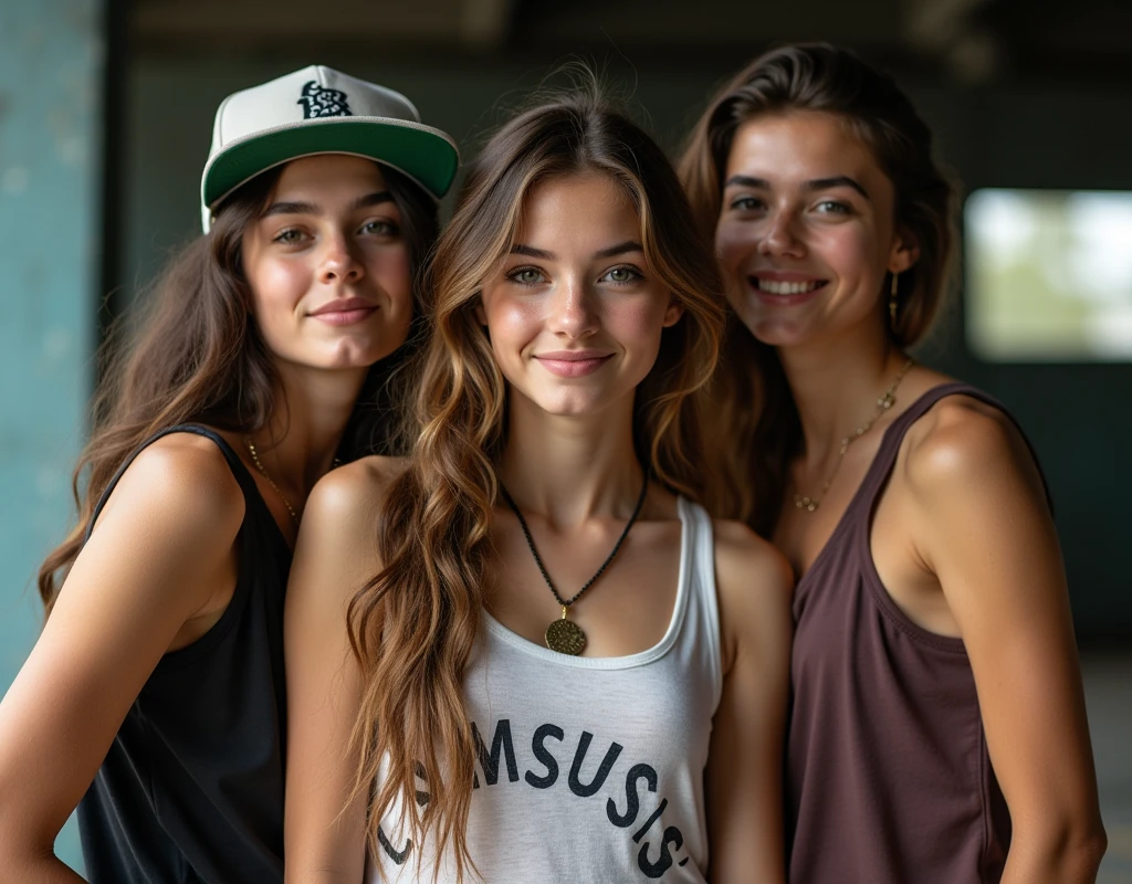 Photo of a teenage girl in skater fashion and her male and female friends. Everyone is wearing a tank top. It's a cool and stylish image.
