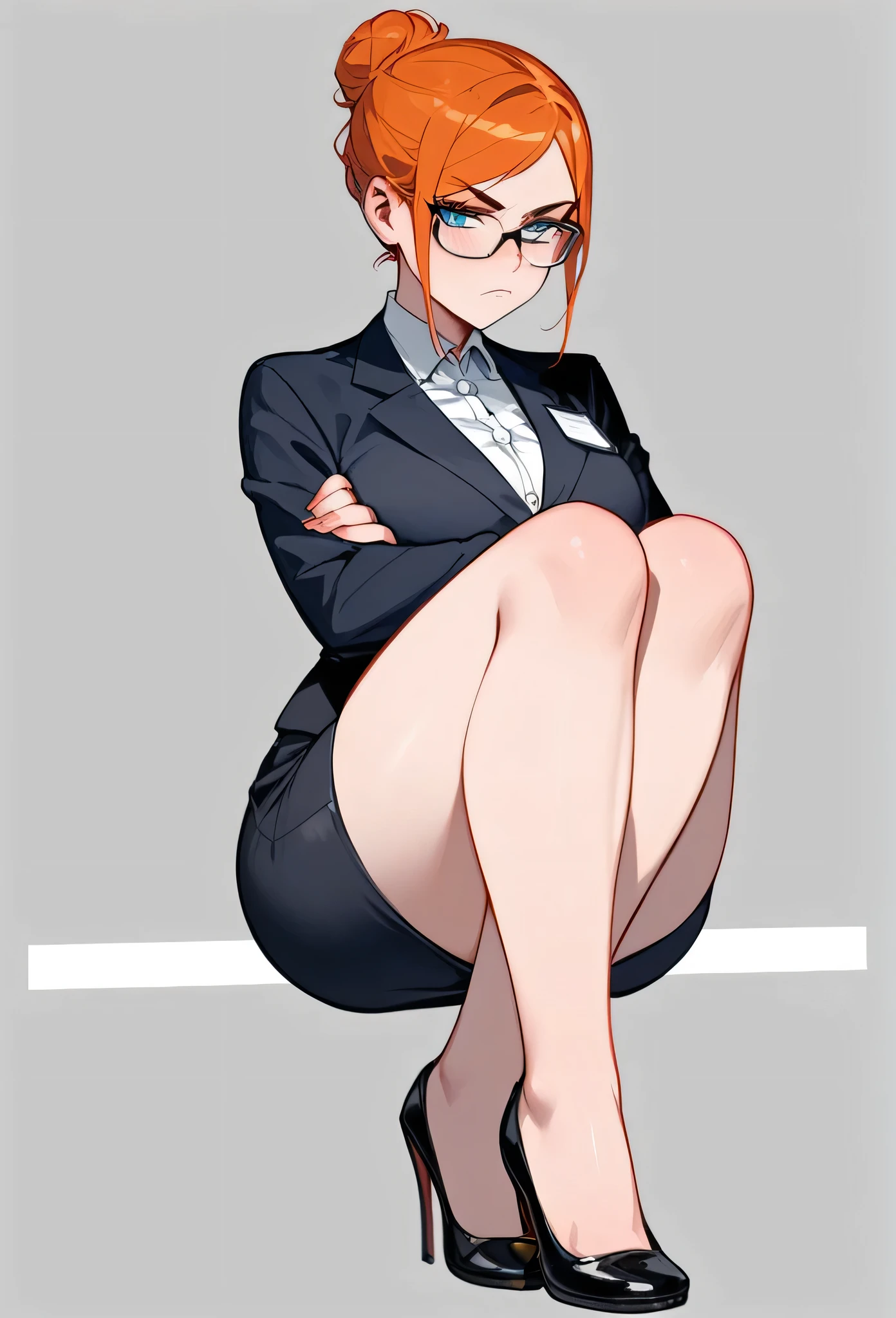 pale adult woman, big breasts, very thick thighs, Wide hips, short ginger hair in a sleek bun, Glasses, fitted black jacket, tight black pencil skirt, thick thighs pressed together, wearing small black heels, boring expression, strict teacher, Looking forward, she is standing, legs and feet in the photo, crossing his arms under his chest, Facial expression of disgust