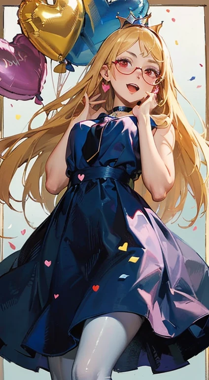 (The highest image quality, master piece:1.2), (Ultra Definition Illustration), (very cute littlequeen, 15yo:1.3), (1 girl:1.2), Solo, (shoot from very below:1.3) ,(condescending look:1.3), (sleeveless gorgeous queen blue dress with roses:1.3), sitting on the throne chair, queen crown, Full body, Round baby face, (Glasses, Blonde Short-Cut Hair), (white thigh high pantyhose:1.2), (Evil smile, mean face:1.2), Luxurious palace rooms, Fancy Room, RPG Royale, (masterpiece, best quality:1.2), (detailed beautiful face), (detailed illustration), (ultra detailed), (vibrant colors), (professional lighting), BREAK
(looking at viewer, close-up:1.3), (balloon says number "1000":1.7), (balloon says "No.1000":1.7), BREAK
(in My Dress-Up Darling style), (kitagawa marin), 1girl, solo, (long blonde hair, multicolored hair:1.2), shiny hair, straight hair, swept bangs, (tsurime, red eyes:1.3), long eyelashes, pink lips, (shiny skin, skinny, slender body:1.3), BREAK
(Heart eyes, Ahegao, open mouth, wide eyes, big eyes:1.6), (covering face, full-face blush, peeking through fingers:1.5), silver earrings, piercing, (school uniform, white shirt, black choker, blue necktie:1.3), BREAK
(spoken heart, confetti, heart-shaped balloons:1.4), kawaiitech, pastel colors, kawaii, cute colors,