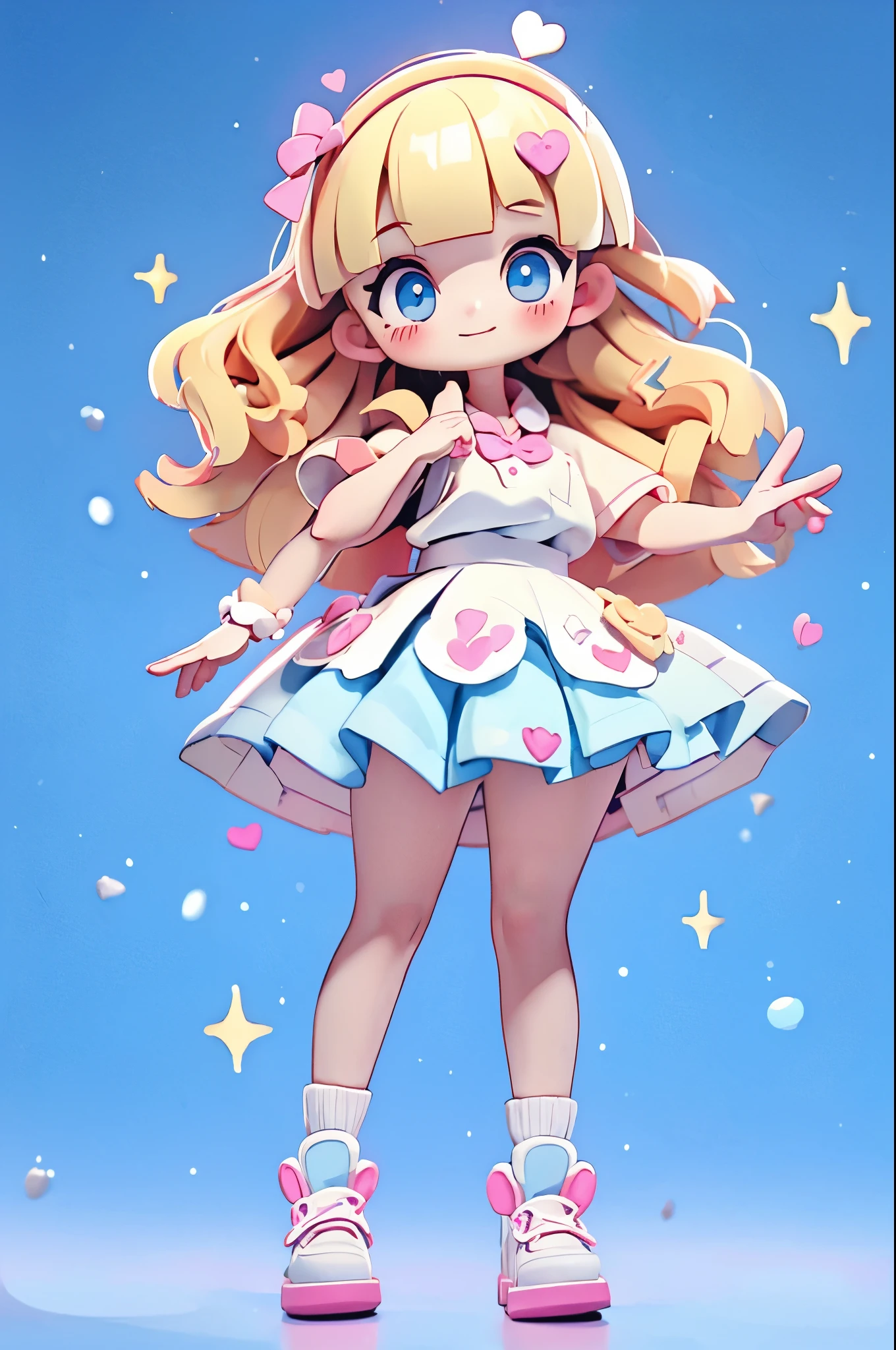 high resolution,smile,laugh,woman,woman1人,adult,Clear,cute,
((from front)),
((chibi)),
((peace sign)),
Sparkling eyes,
blunt bangs,wavy hair,Blonde Hair,BREAK,
Light blue eyes,BREAK,
high school girl,uniform,White shirt,BREAK,Pink checkered mini pleated skirt,BREAK,
White socks,White sneakers,BREAK,
Heart Hairpin,BREAK,
Facing forward,BREAK,Light blue background,