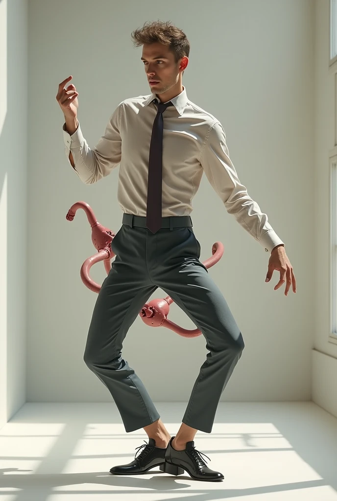 A naked smart guy dance with rotating his penis